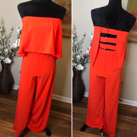 Molly Green Coral Red Strapless Wide Leg Jumpsuit - Picture 3 of 10